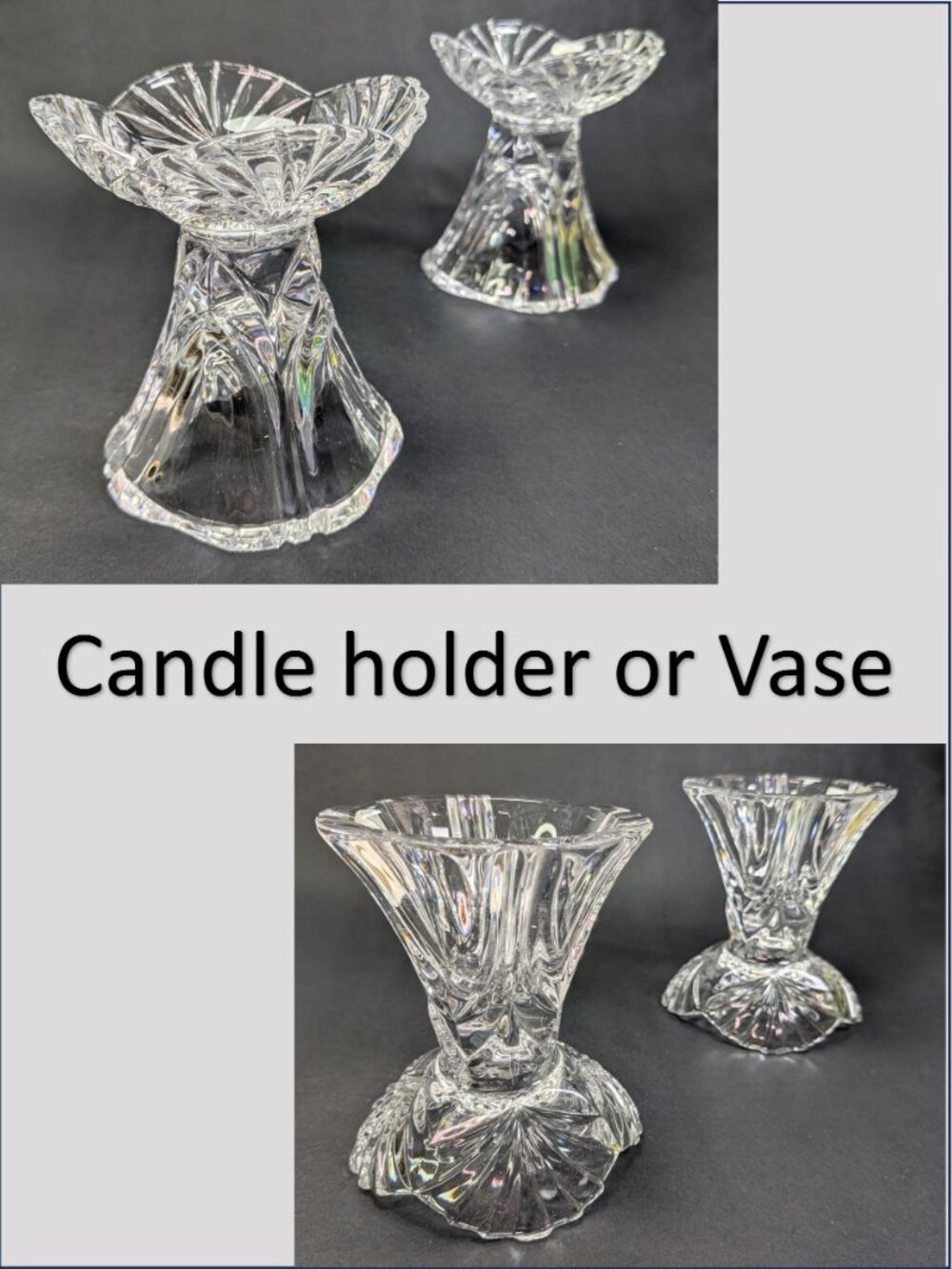 VTG 60s Crystal Reversible Candle Holders Dual Taper Rose Bowl Set of 2 Rings
